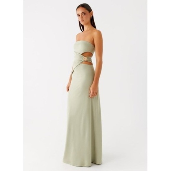 Peppermayo Dresses & Skirts - NWT Peppermayo Anette Maxi Dress Sage Green Strapless Gold Detail Cutout Gown 10